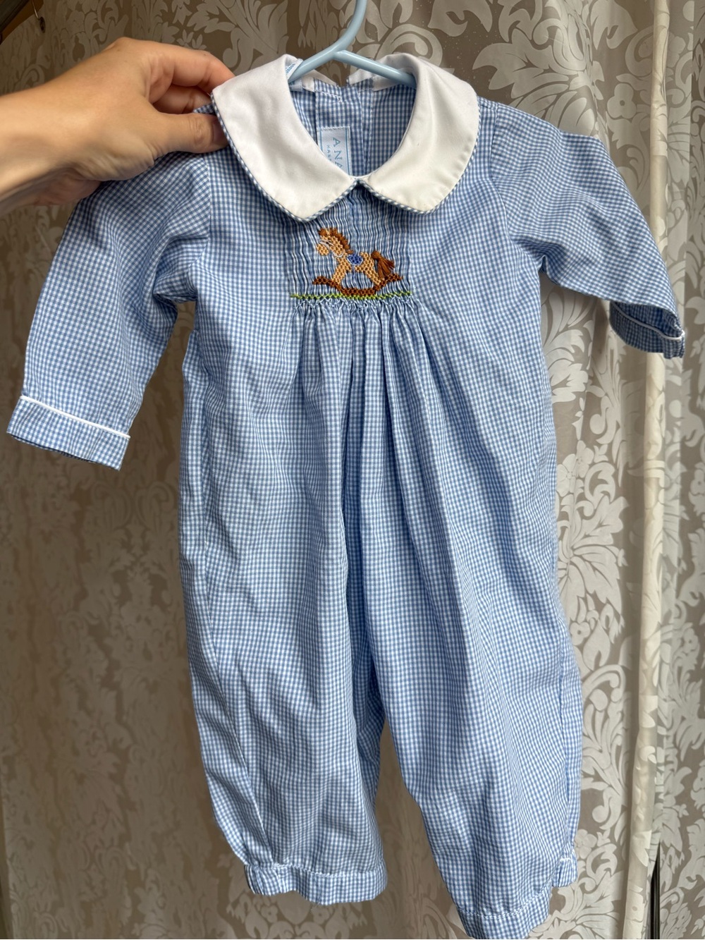 Hand-Smocked Rocking Horse Blue Gingham Baby One-Piece with White Collar